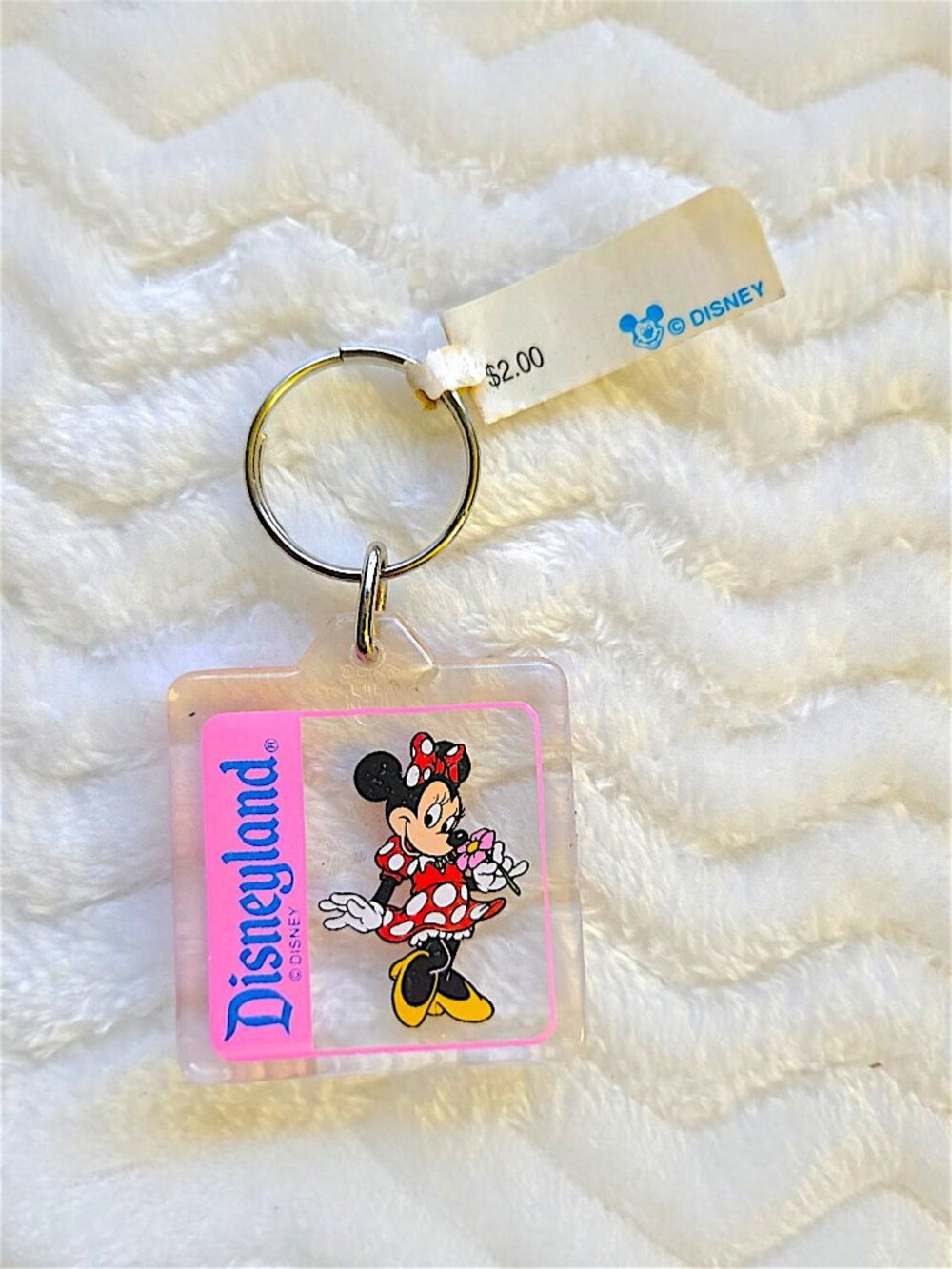Vintage 1980s Disneyland Minnie Mouse Acrylic Keychain with Original Price Tag